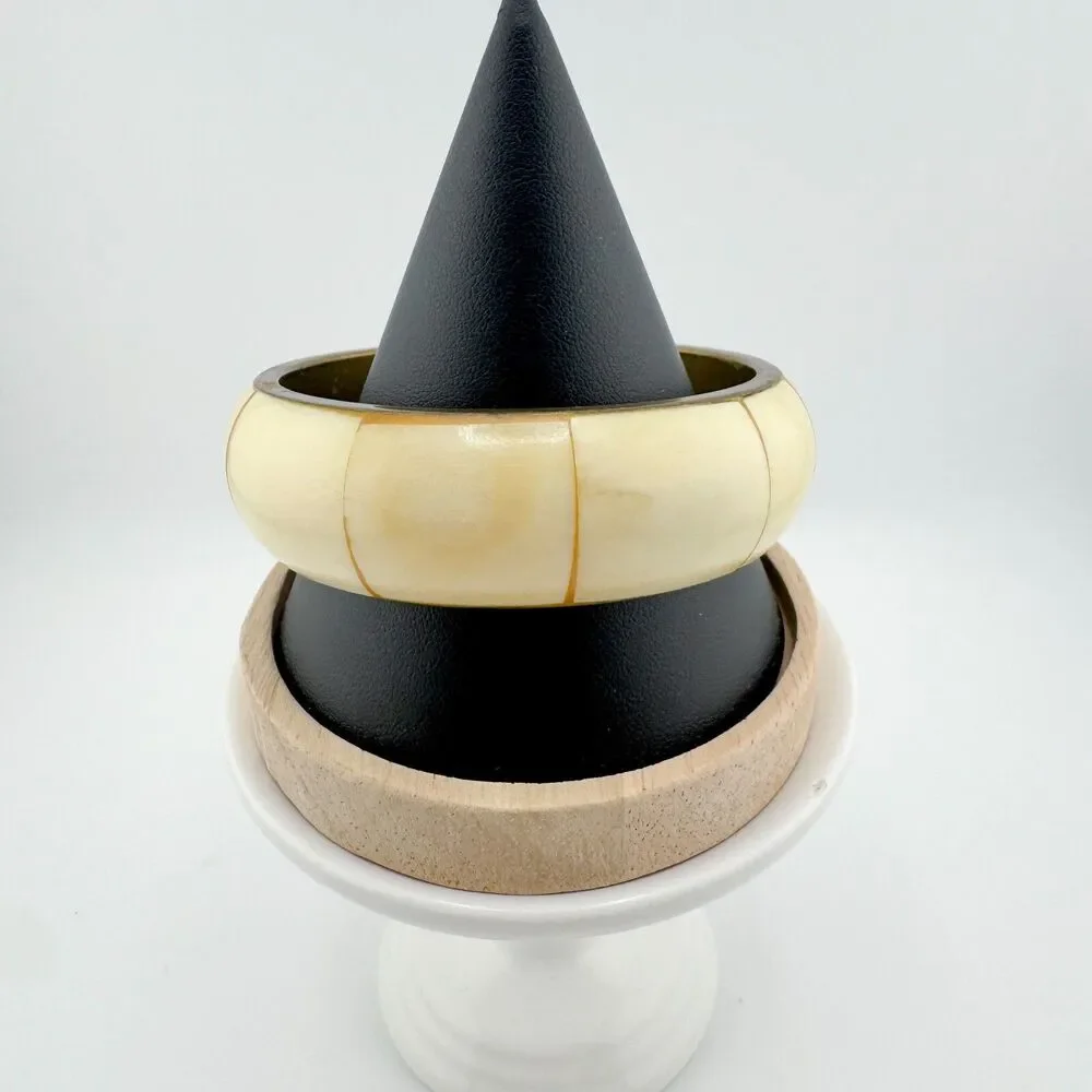 Vintage Shell Cream Brass Bangle Bracelet  Chunky Retro Statement Handcrafted
